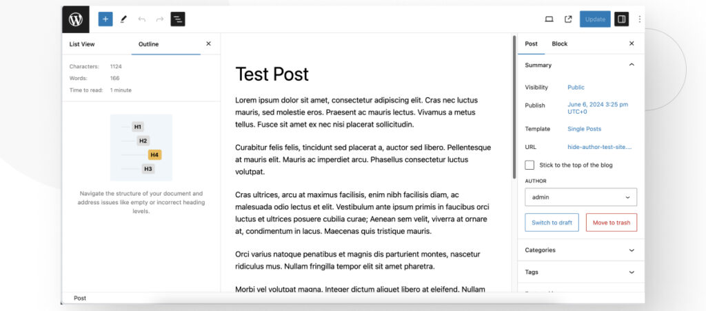 WordPress's Gutenebrg editor, showing text and various content management options