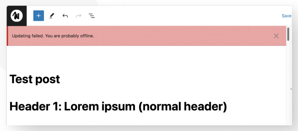 The WordPress Gutenberg editor displaying the "Updating failed" error