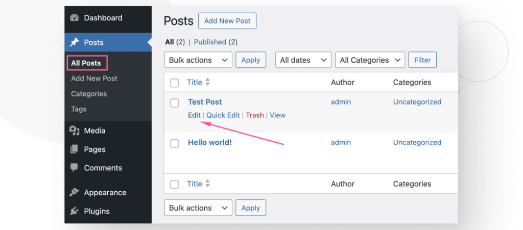 WordPress's All Posts interface. An arrow points to the Edit button under a post