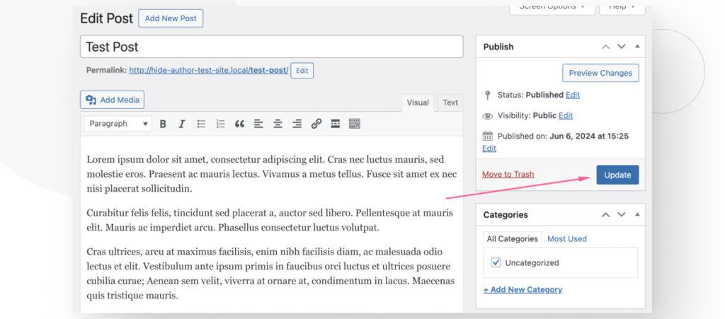 WordPress's Classic Editor interface, highlighting the Update button