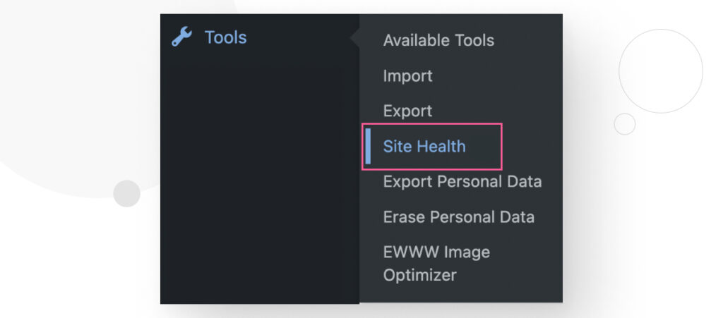 WordPress's dashboard sidebar, displaying the Tools submenu