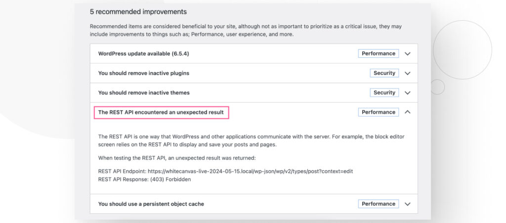 WordPress's Site Health feature. A square highlights the recommendation "The REST API encountered an unexpected result"