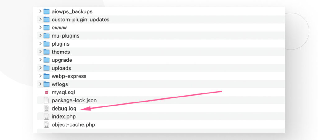WordPress's wp-content folder, highlighting the debug.log file
