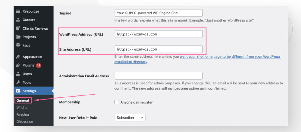 WordPress's General Settings, highlighting the URL options