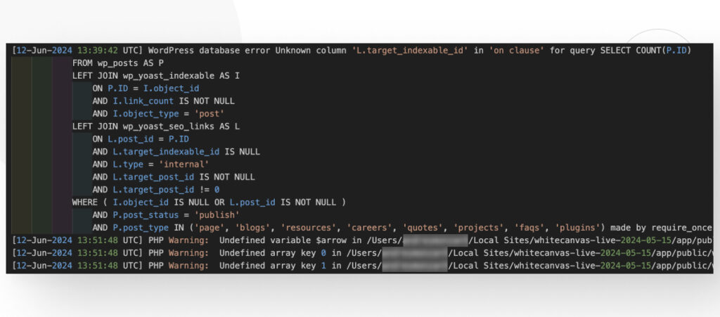 The contents of the WordPress debug.log file