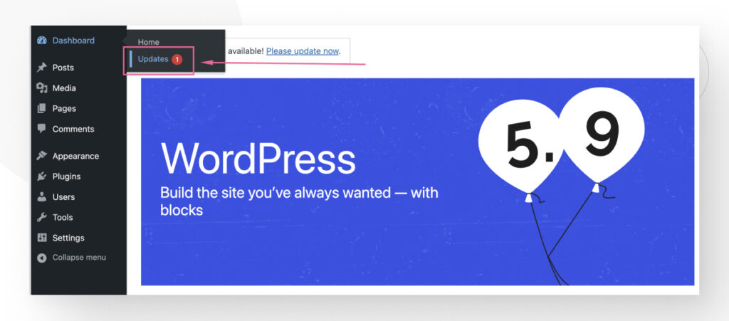 The WordPress dashboard, highlighting an available update