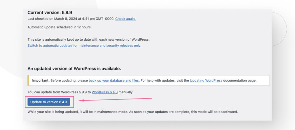 The WordPress update interface