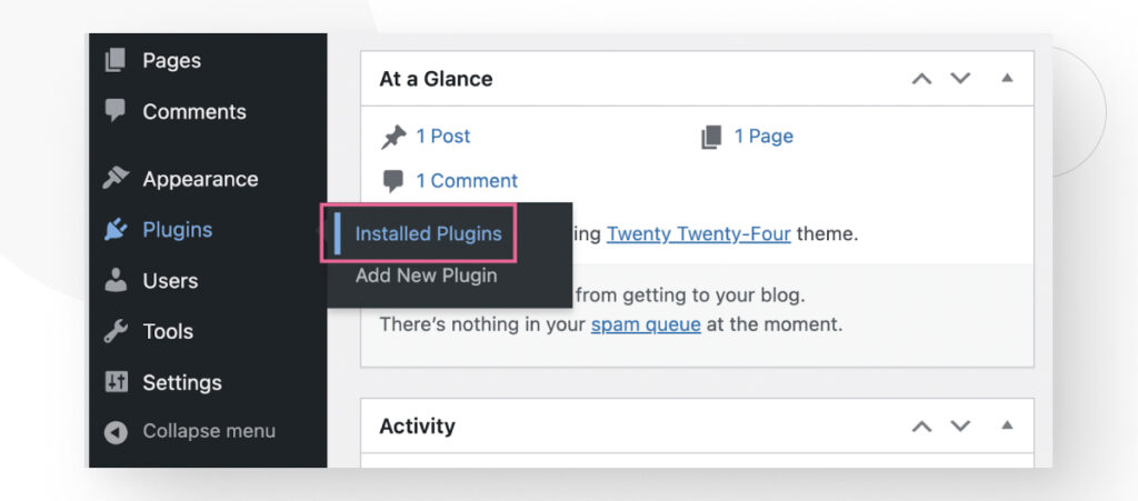 WordPress dashboard showing the Plugins > Installed Plugins menu option