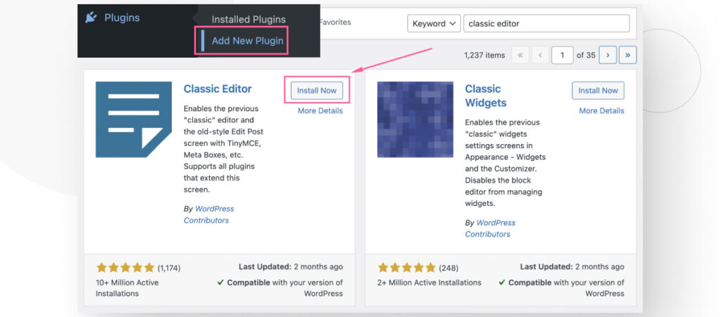 WordPress's plugin directory interface. The search bar contains the "classic editor" query