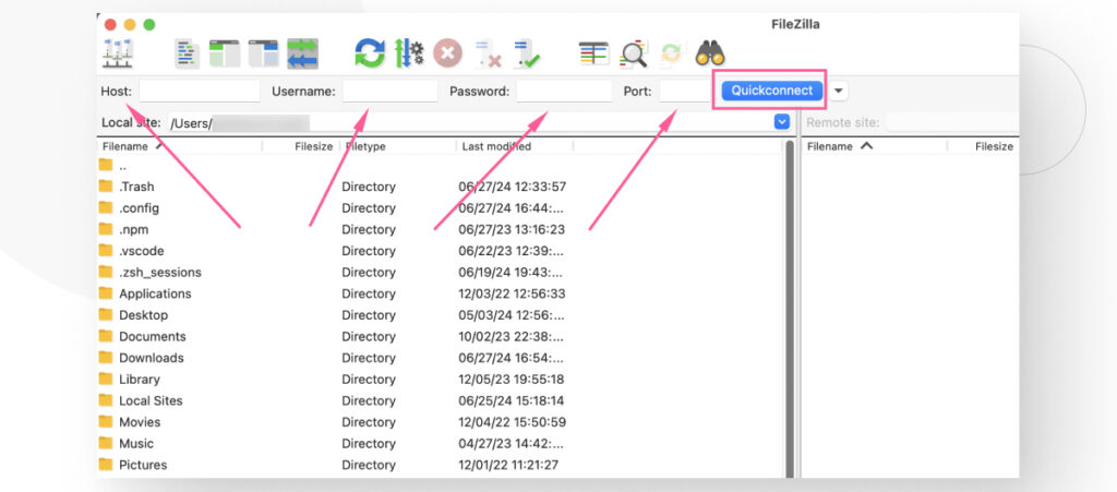 Interface for the FTP client FileZilla. Multiple arrows highlight text boxes to input credentials to connect to a remote WordPress site