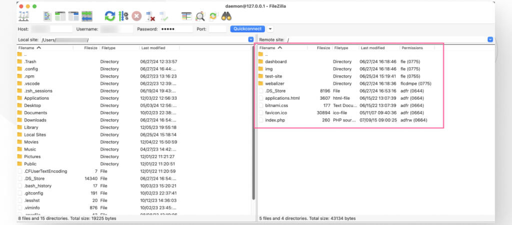 Interface for the FTP client FileZilla. The right side of the interface is highlighted with a square, showing the files and folders of a remote WordPress web server