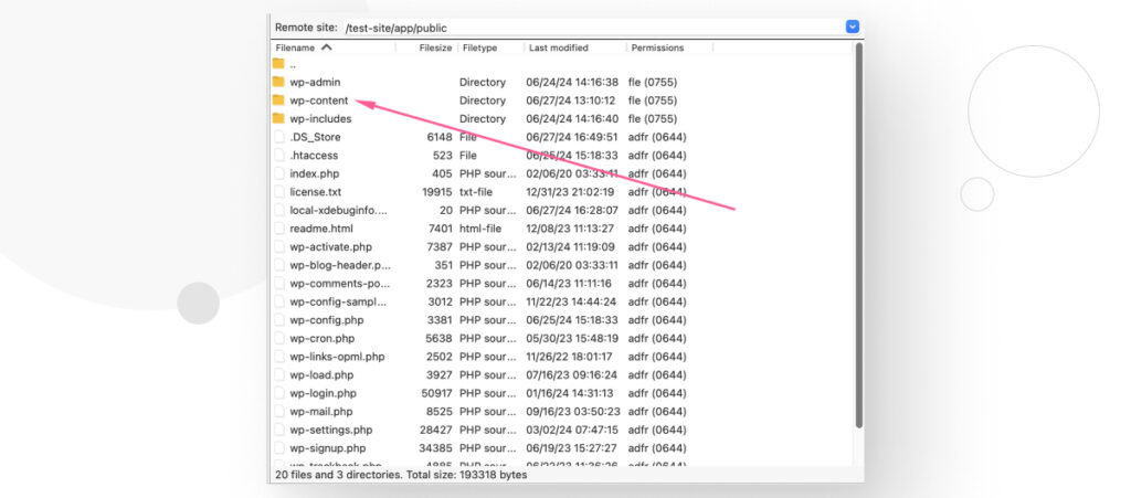 Interface for the FTP client FileZilla. An arrow points to the "wp-content" folder on a remote WordPress web server