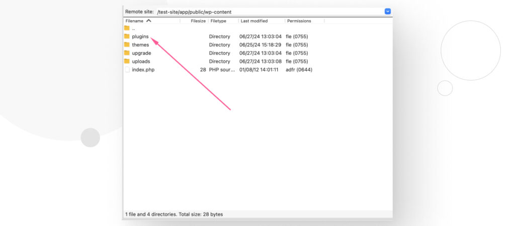 Interface for the FTP client FileZilla. An arrow points to the "plugins" folder on a remote WordPress web server