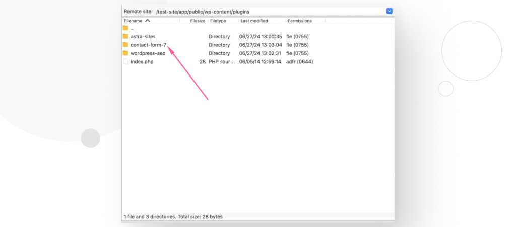 Interface for the FTP client FileZilla. An arrow points to the "contact-form-7" folder on a remote WordPress web server