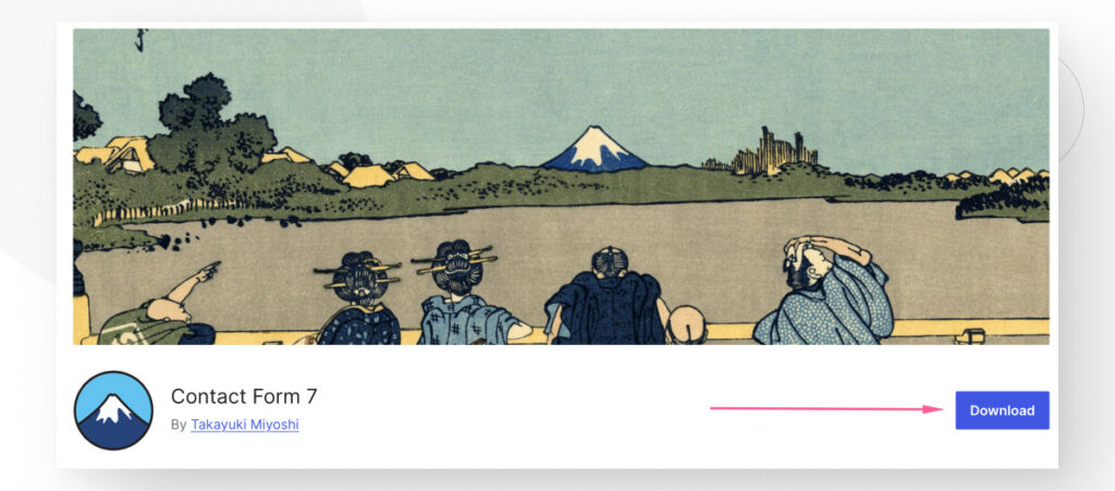 The Contact Form 7 page on WordPress's plugin directory. The Download button is highlighted with an arrow