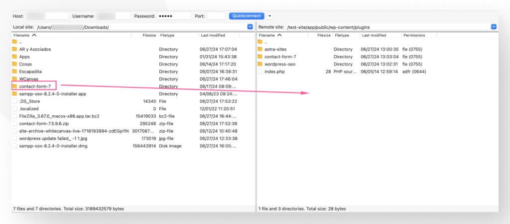 Interface for the FTP client FileZilla. An arrow points to the right side of the interface, instructing users to drag and drop files from the local directory to the remote directory