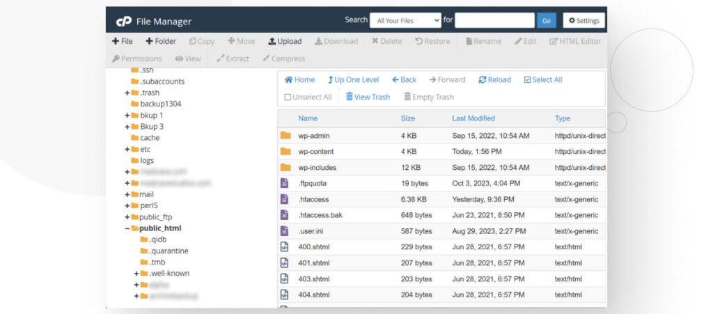 cPanel's File Manager interface, inside the public_html folder