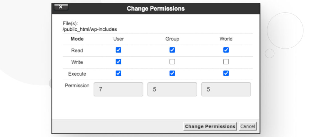 An FTP software interface displaying the Read, Write, and Execute file permissions of a WordPress folder