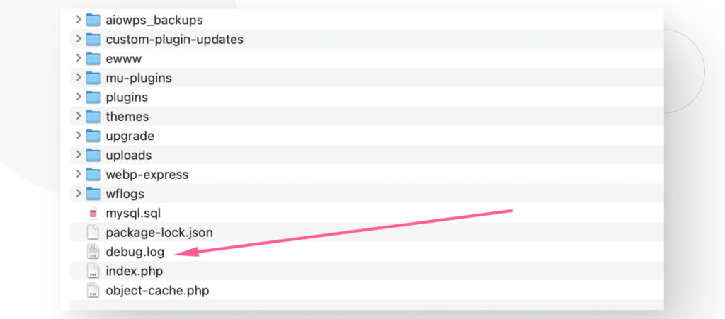 WordPress's wp-content folder, highlighting the debug.log file