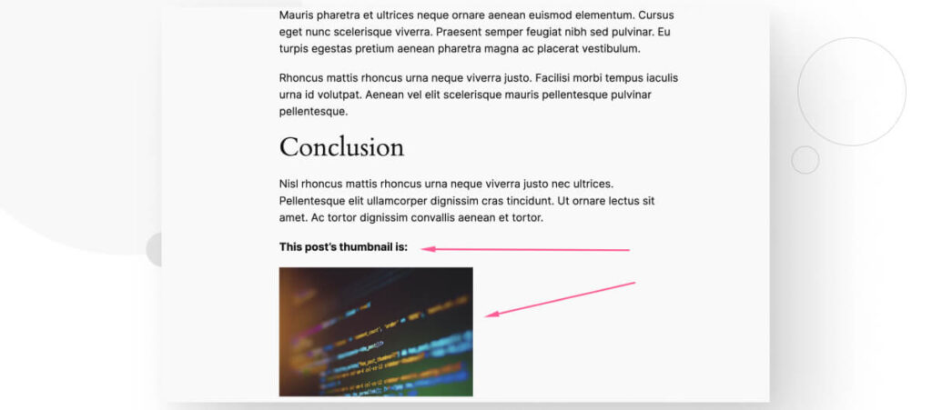 A WordPress post with multiple headers and paragraphs. Pink arrows highlight a short paragraph and an image