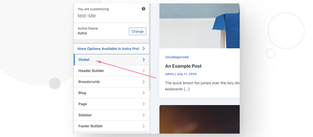 The WordPress Theme Customizer, highlighting the "Global" setting when using the Astra theme