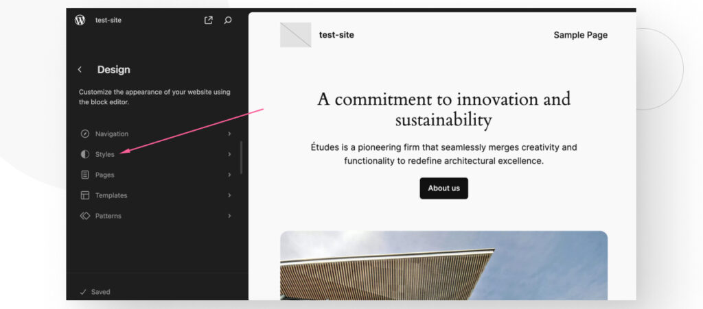 The WordPress Site Editor interface, highlighting the "Styles" button