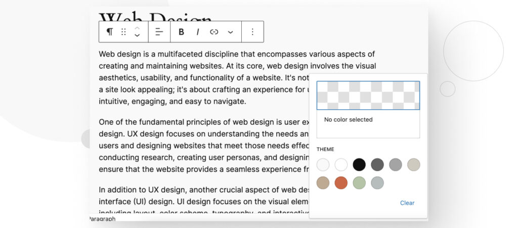 Changing the text block's color with the Block menu in WordPress