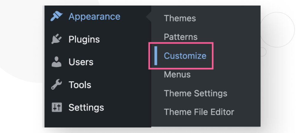 The WordPress dashboard interface, highlighting the "Customize" setting in the "Appearance" menu