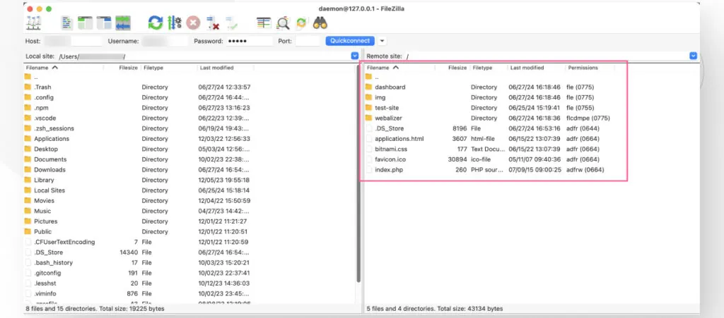 La interfaz de FileZilla. Un cuadrado resalta las carpetas en el servidor remoto.