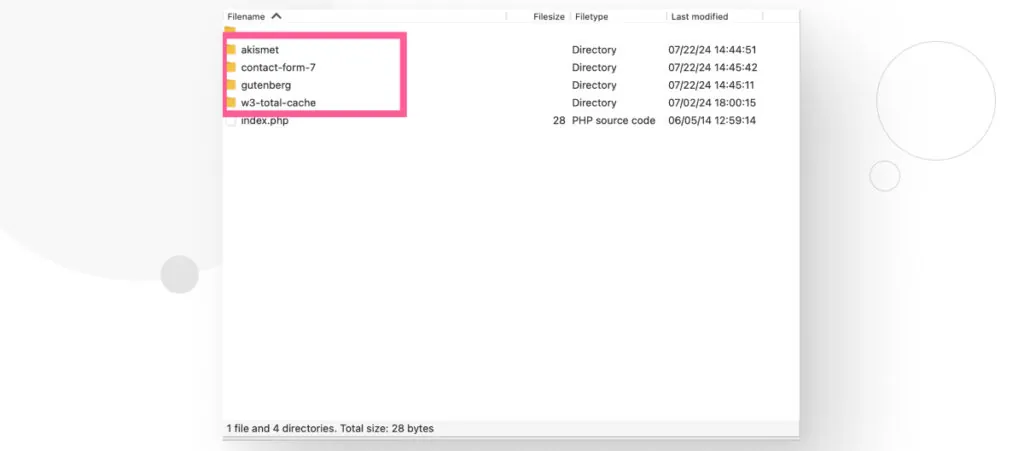 The FileZilla interface. A square highlights the folders containing all the plugin files