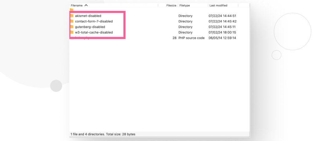 The FileZilla interface. A square highlights the folders containing all the plugin files. Every folder has been renamed to add "-disabled" at the end, in an attempt to manually disable all plugins