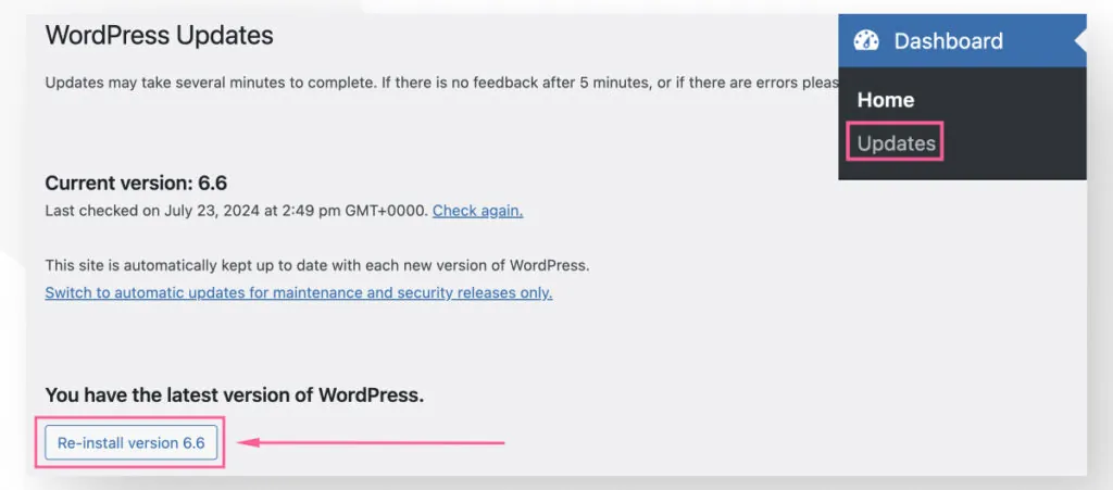 The Updates interface in WordPress. An arrow highlights the "Re-install version 6.6" button