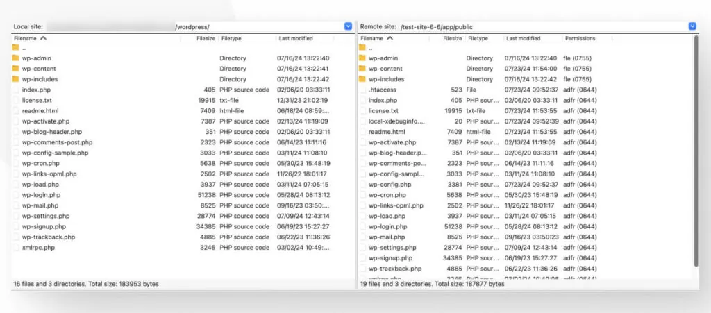 The FileZilla interface. The left side contains the files in the local device and the right side contains the files on the remote server