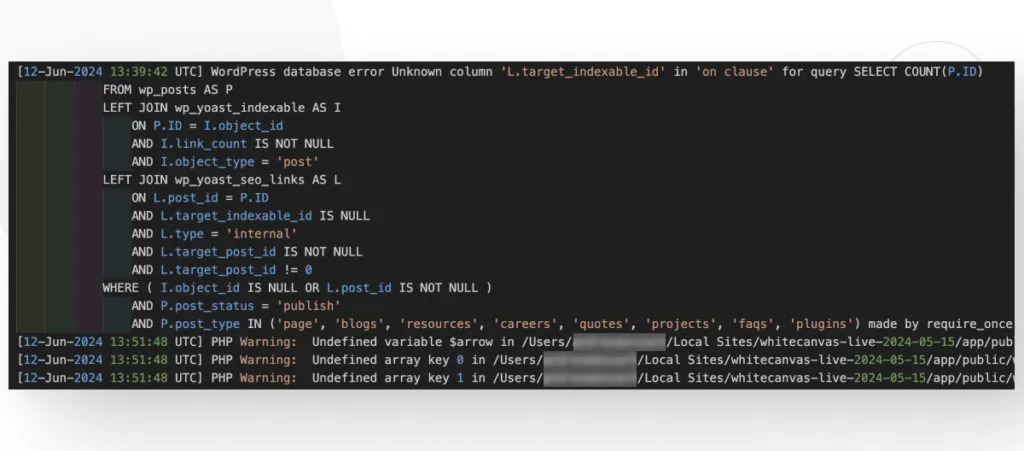 The contents of the WordPress debug.log file