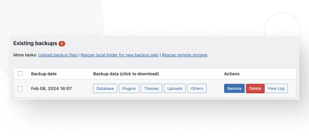 The "Existing backups" interface for the WordPress plugin UpdraftPlus