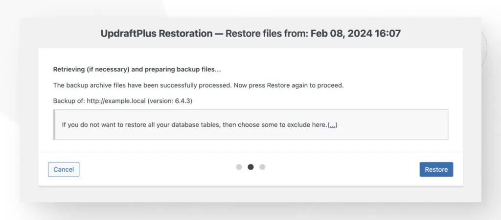 The "UpdraftPlus Restoration" interface for the WordPress plugin UpdraftPlus. The "Restore" button allows users to restore a WordPress backup