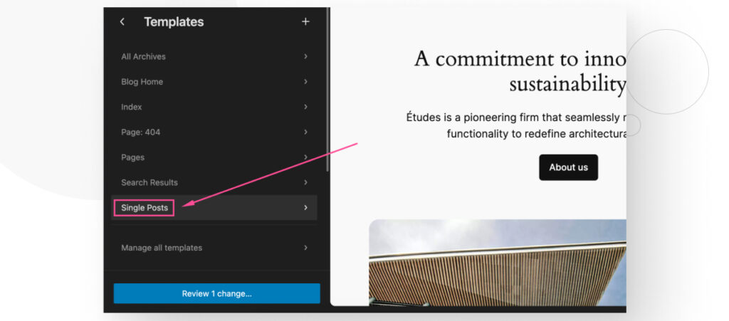 The "Templated" menu in WordPress's Full Site Editor feature, highlighting the "Single Posts" template