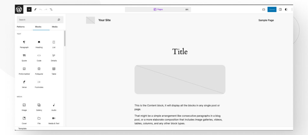 The WordPress Full Site Editor interface, displaying the multiple blocks available to use