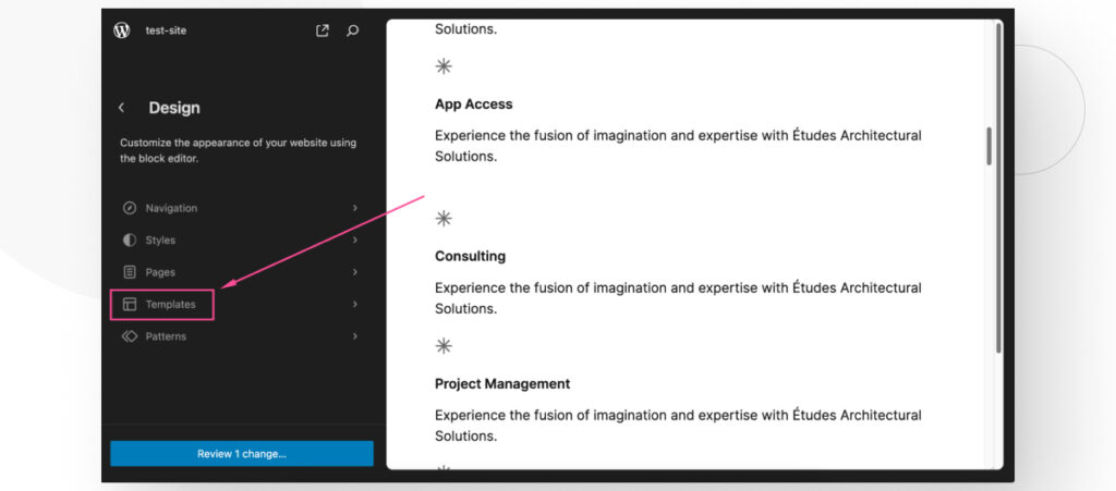 The WordPress Full Site Editor interface, highlighting the Design > Templates submenu