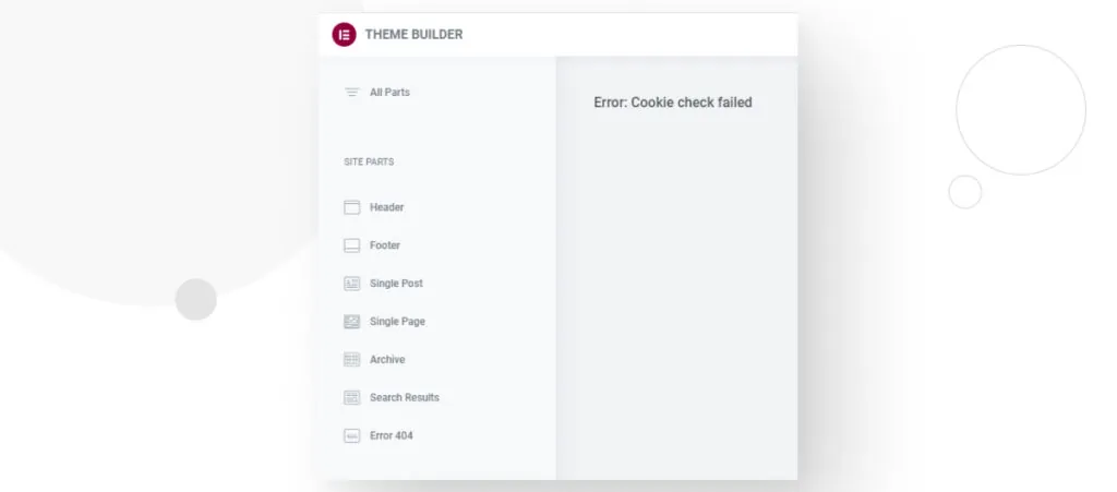 The Elementor site editing interface displaying the message "Error: Cookie check failed"