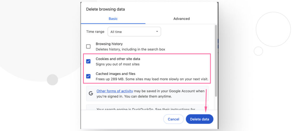 Chrome's "Delete browsing data" modal. The "Cookies and other site data" and "Cached images and files" options are checked