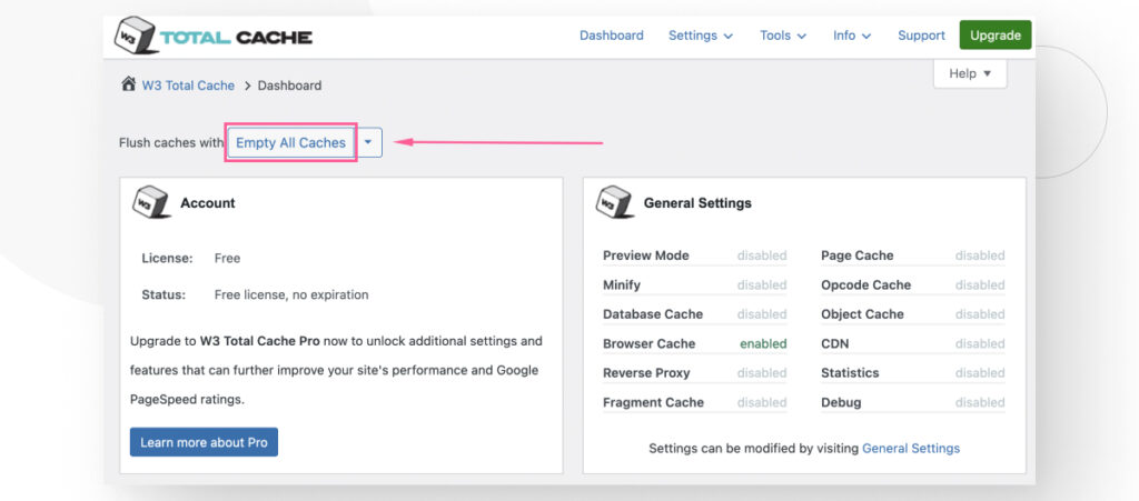 W3 Total Cache's settings. The "Empty All Caches" button is highlighted