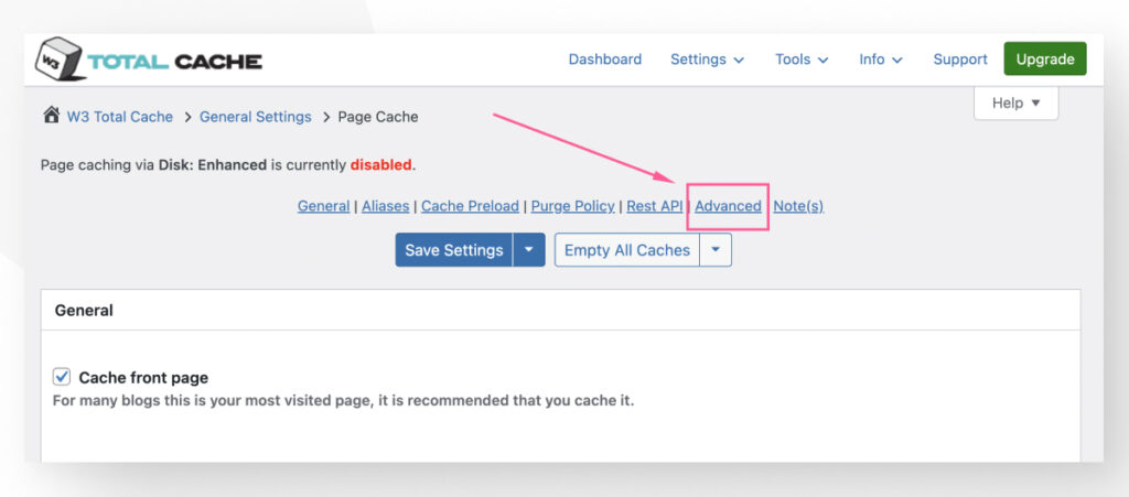 W3 Total Cache's settings. The "Advanced" button is highlighted