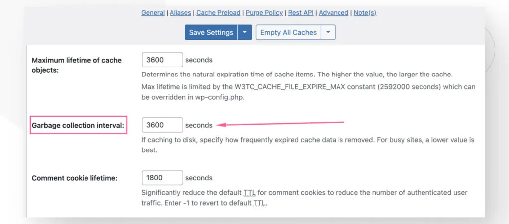 W3 Total Cache's settings. The "Garbage collection interval" option is highlighted