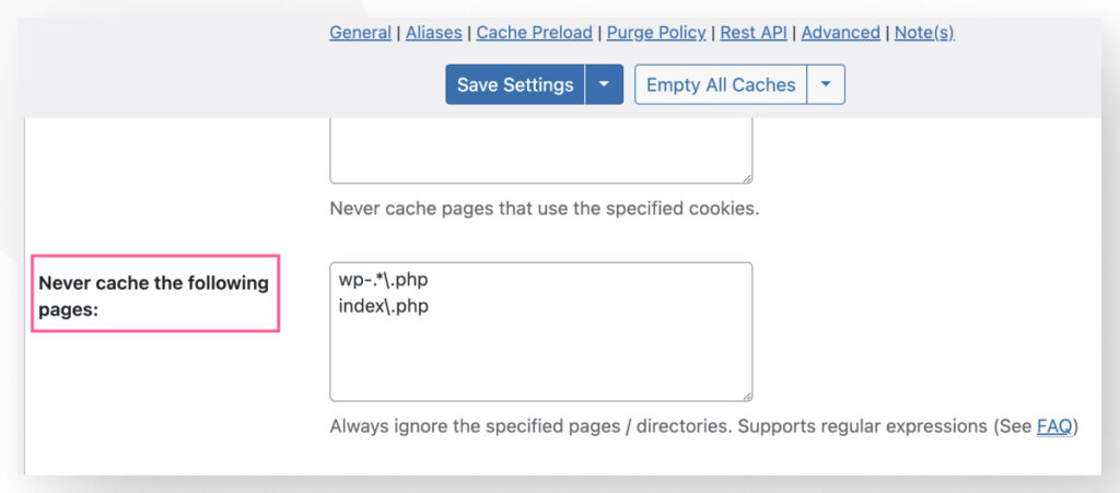 W3 Total Cache's settings. The "Never cache the following pages" button is highlighted