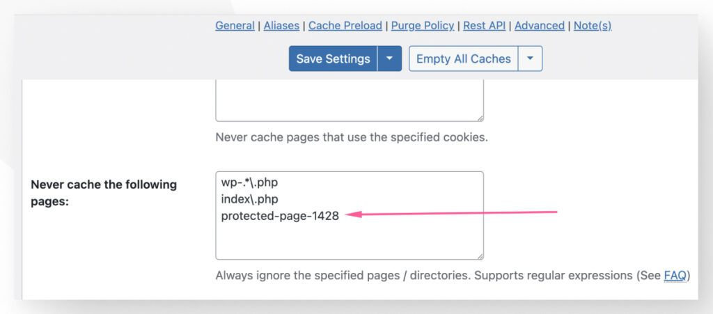 W3 Total Cache's settings. An arrow highlights the slug "protected-page-1428", which is inside a text box for specifying pages to exclude from caching