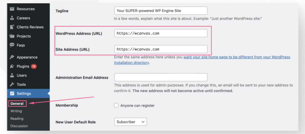 The "General Settings" page on the WordPress admin. The options "WordPress Address (URL)" and "Site Address (URL)" are highlighted