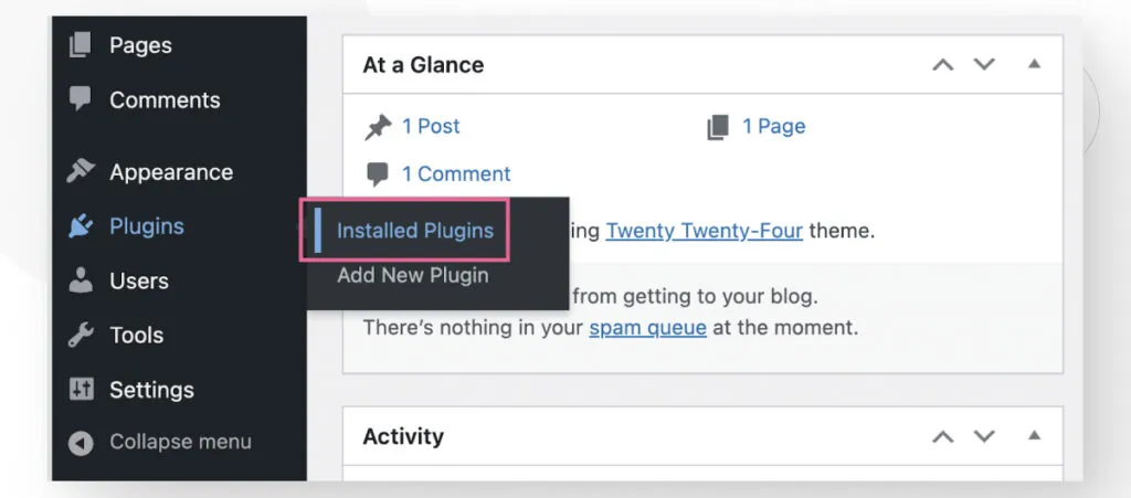 WordPress dashboard showing the Plugins > Installed Plugins menu option