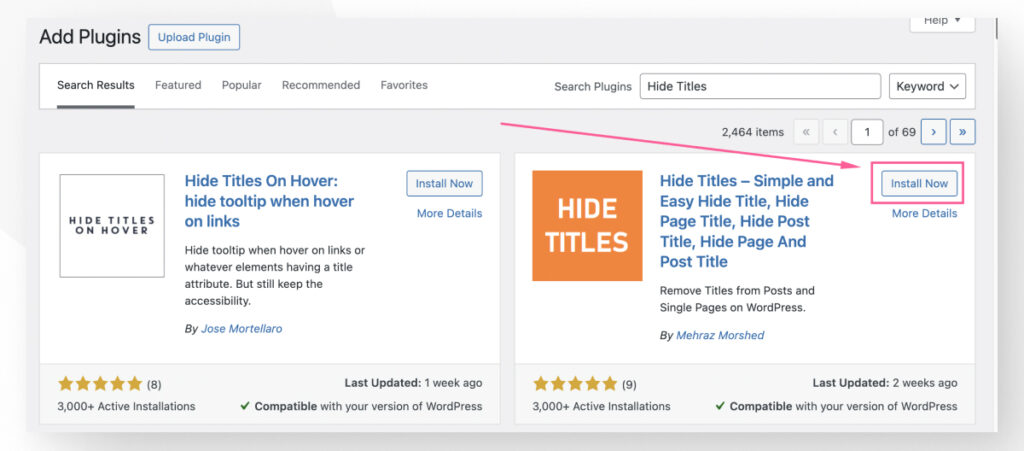 The WordPress interface for searching for new plugins. An arrow highlights the "Install Now" button on the "Hide Titles" plugin