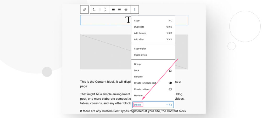 The template editing interface in WordPress. The "Delete" button is highlighted among the various options available on each block.